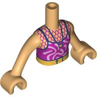 Minidoll Torso Girl with Magenta Dress, Bright Pink Swirls, Dark Blue Straps, Necklace, Gold Belt print, Warm Tan Arms and Hands Warm Tan