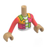 Minidoll Torso Girl with Coral/Bright Light Orange/Lime Patched Jacket, Lime/White Stripes Shirt print, Warm Tan Arms and Hands Warmes Beige