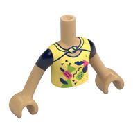 Minidoll Torso Girl with Bright Light Yellow Shirt, Dark Blue Sleeves print, Warm Tan Arms and Hands Warmes Beige