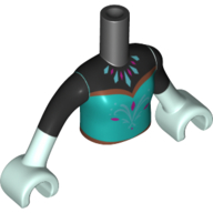 Minidoll Torso Girl with Dark Turquoise Dress, Black Shirt, Sleeves Print, Light Aqua Hands Schwarz
