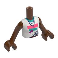 Minidoll Torso Girl with White Tied Shirt, Coral/Dark Turquoise Rectangles, Magenta Arrow, Dark Blue Necklace print, Reddish Brown Arms and Hands Rotbraun