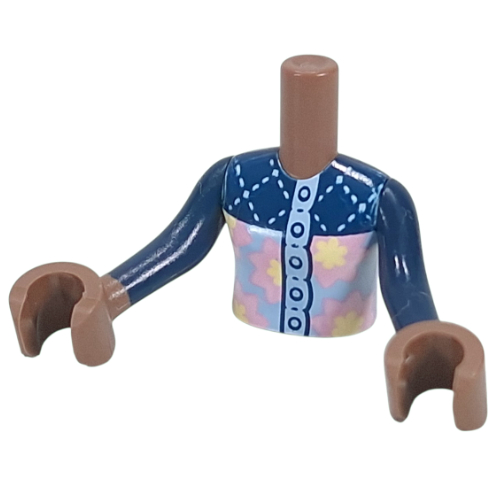 Minidoll Torso Girl with Dark Blue Jacket, Bright Light Blue/Bright Pink/Bright Light Yellow Flowers, Zipper print, Dark Blue Arms, Medium Brown Hands Medium Brown