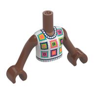 Minidoll Torso Girl with White Top, Crocheted Granny Squares print, Medium Brown Arms and Hands Medium Brown