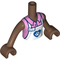 Minidoll Torso Girl with White Apron, Dark Blue Heart, Bright Pink Shirt, Medium Brown Arms and Hands Medium Brown