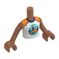 Minidoll Torso Girl with Orange Tent, Dark Blue Trees, Dark Turquoise Sky, Ground print, Sienna Brown Arms and Hands Sienna Brown