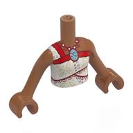Minidoll Torso Girl with Sienna Brown Arms and Hands with White Wrapped Dress, Red/Dark Red Trim, Tan Decorations, Sand Green Shell print Sienna Brown