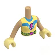 Minidoll Torso Girl with Blue 'V', Dark Pink Lightning Exclamation Mark, Lime Utility Belt print, Warm Tan Arms, Bright Light Yellow Hands Warmes Beige