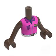Minidoll Torso Girl with Dark Pink Shirt, White Belt, Magenta Collar, Pocket, Gold ID Badge print, Umber Brown Arms and Hands Umber Brown