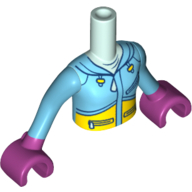 Minidoll Torso Girl with Medium Azure Ski Hoodie with Zippers and Yellow Panel Print, Medium Azure Arms, Magenta Hands Light Aqua