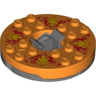 Turntable 6 × 6 Round Dark Bluish Gray Base with Orange Top and Yellow Faces on Red Print (Ninjago Spinner) Orange