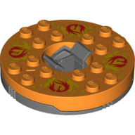 Turntable 6 × 6 Round Dark Bluish Gray Base with Orange Top and Red Flames on Yellow Print (Ninjago Spinner) Orange