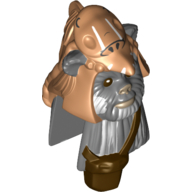 Minifig Head Special, Ewok with Medium Nougat Skull Hat and Dark Brown Pouch Print (Teebo) Dark Bluish Gray