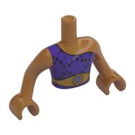 Minidoll Torso Man with Gold Necklaces, Belt, Bright Light Blue Jewel, Dark Purple Dress, Black Spots print, Medium Nougat Arms and Hands Mittelnougat