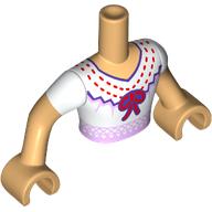 Minidoll Torso Man with White Dress, Dark Purple/Bright Pink/Red Decorations, Red Bow print, Warm Tan Arms and Hands Warmes Beige