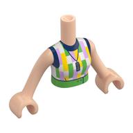 Minidoll Torso Woman with White Top, Dark Blue Collar, Bright Light Orange/Green/Lavender Shapes, Green Belt, Necklace print, Light Nougat Arms and Hands Hellnougat