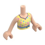Minidoll Torso Woman with Light Nougat Arms and Hands with Bright Light Yellow Dress, Bright Light Blue Belt, Bright Light Blue/Bright Pink Dots print Hellnougat