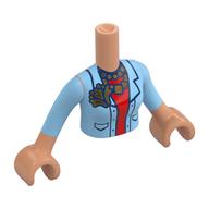 Minidoll Torso Woman with Medium Blue Shirt, Gold Pin, Necklace, Red Shirt print, Nougat Arms and Hands Nougat