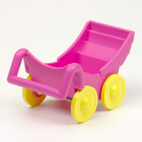 Duplo Pram (Baby Carriage, Stroller) with Yellow Wheels - Complete Assembly Medium Dark Pink