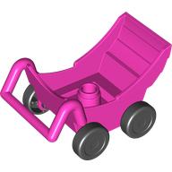 Duplo Pram (Baby Carriage, Stroller) with Black Wheels - Complete Assembly Dunkelrosa