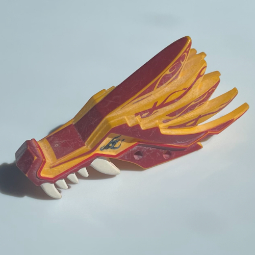 Creature Body Part, Dragon Head Upper Jaw with Dark Red Sections, White Teeth and Red Stripes Print Bright Light Orange