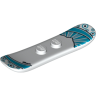 Sports Snowboard Small 2 × 6 with 2 Centered Studs, Medium Azure and Dark Azure Sun-rays and Circles, Black Curved Stripes and Circles and "48mm" Print Weiß