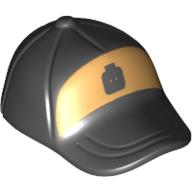 Hat / Cap Short Curved Bill with Seams on Peak and Button on Top with Black Minifig Head on Gold Background Print Schwarz