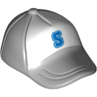 Hat / Cap Short Curved Bill with Seams on Peak and Button on Top and Blue 'S' on White Print Light Bluish Gray