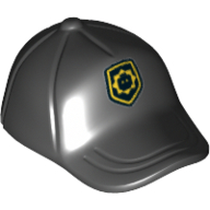 Hat / Cap Short Curved Bill with Seams on Peak and Button on Top with Yellow Badge and Minifig Head Print Black