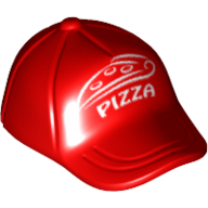 Hat / Cap Short Curved Bill with Seams on Peak and Button on Top with White 'PIZZA' and Pizza Slice Print Red