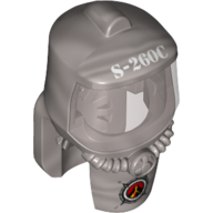 Mask, Hazard Suit with Trans-Brown Face Shield, Volcano on Dark Red Background Logo on Chest Print Flat Silver