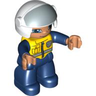 Duplo Figur mit Helm mit offenem Visier, weißer Helm, Polizei, dunkelblaue Beine & Overall mit gelber Weste in Dunkelblau