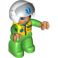 Duplo Figure with Helmet with Open Visor, White Helmet with EMT Star of Life Logo, Bright Green Legs & Jumpsuit with Yellow Vest Hellgrün