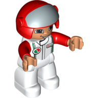 Duplo Figure with Helmet with Open Visor, Red Helmet, White Legs & Race Top with Octan Logo, and Red Arms White