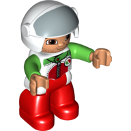 Duplo Figure with Helmet with Open Visor, White Helmet, Red Legs, Race Top with Octan Logo, and Bright Green Arms White