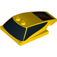 Brick Wedged, Curved 6 × 4 × 1 1/3 with 4 × 4 Base with Windows and Black, Silver and Red Print Yellow
