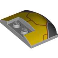 Brick Round 3 × 4 × 2/3 Triple Curved with 2 Sunk Studs with Yellow.Dark Bluish Grey Armour, Dark Red Lines print Light Bluish Gray