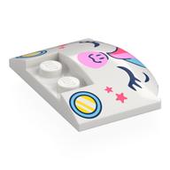 Brick Round 3 × 4 × 2/3 Triple Curved with 2 Sunk Studs with Unicorn Face, Rainbow Mane, Bright Pink Nose, Dark Blue Eyes, Coral Star, Yellow/Bright Light Blue Headlights print White