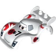 Duplo Car Body, 2 Studs on Spoiler, Wide Fenders, with Cars Shu Todoroki Print White