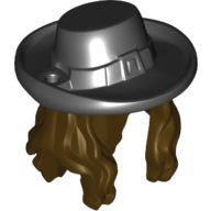 Hair and Hat, Long Wavy with Black Hat with Buckle Print Dark Brown