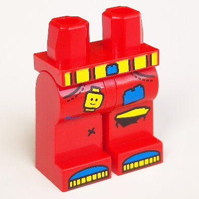 Hips and Red Legs with Yellow Belt, Pockets, Boots, Vertical Scratches/Tears, Blue Brick and Yellow Minifig Head Print Red