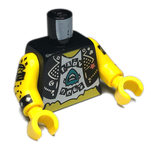 Torso Vest Jacket, Open over White Shirt with Dark Turquoise Shark, Tattoos print, Yellow Arms and Hands Black