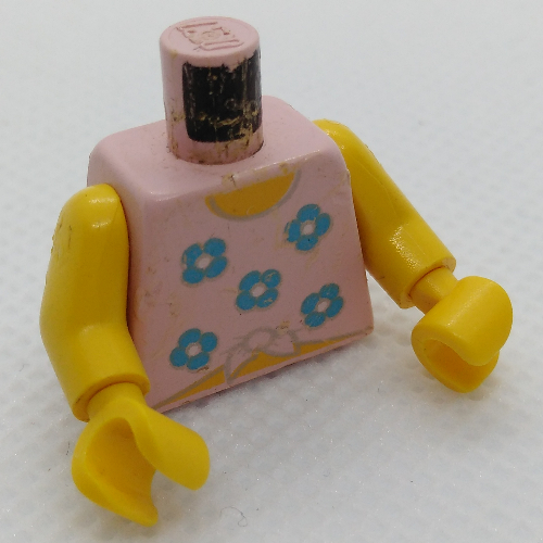 Torso Shirt, Tied at Bottom with Blue Flowers Print, Yellow Arms and Hands Pink