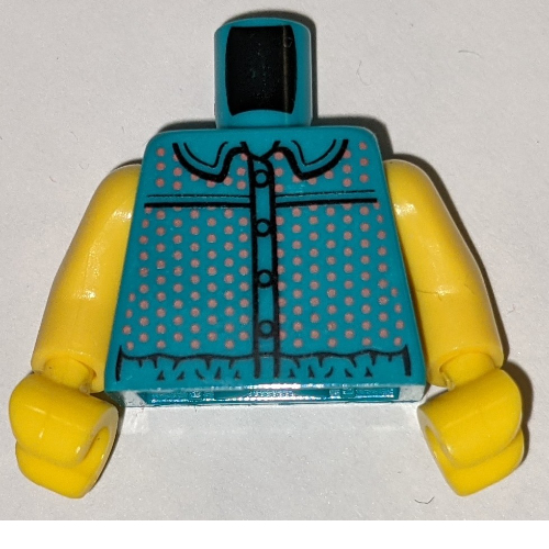 Torso Vest Top, Pink Dots, Black Trim, Buttons, Pockets print, Yellow Arms and Hands Dark Turquoise