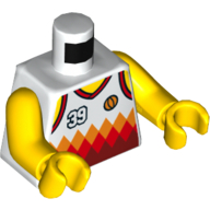 Torso Sports Shirt with '39', Orange Basketball and Orange and Red Diamonds, Plain Back Print, Yellow Arms and Hands White