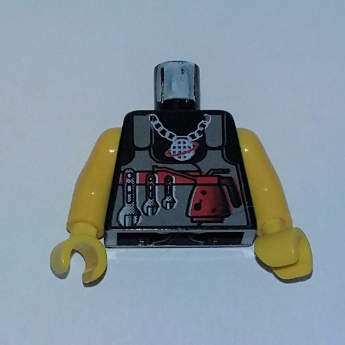 Torso Shirt, Alpha Team Logo on Necklace, Dark Gray Vest, Tools Print, Yellow Arms and Hands Black