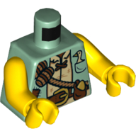 Torso Vest with Patches, Brown Belt, Sash with Barrels, Goose and Golden Egg in Pockets Print, Yellow Arms and Hands Sandgrün