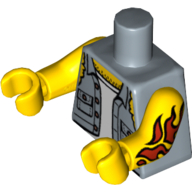 Torso Shirt with Ripped Off Sleeves, Buttons on Pockets, Jolly Roger Back Print, Yellow Arms and Hands with Red Fire Tattoo Print on Left Arm Sandblau