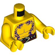 Torso Bare Chest with Muscles and Purple Snake Tattoos, Belt with Snake Heads Buckle Print, Yellow Arms and Hands Yellow