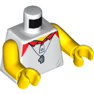 Torso Polo Shirt with Red Collar, Whistle and Red Lifeguard Float on Back Print, Yellow Arms and Hands Weiß