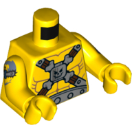Torso Bare Chest, Straps, Skull, Bones, Metal Belt Print, Yellow Arms and Hands with Tattoo Print on Right Arm Gelb